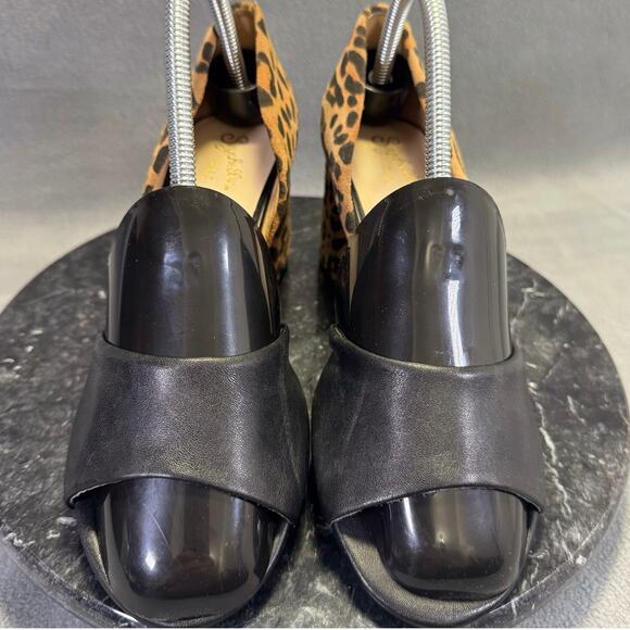 Seychelles Leopard Print & Black Leather Peep Toe Block Heels Women's Size 8 US - Picture 2 of 12